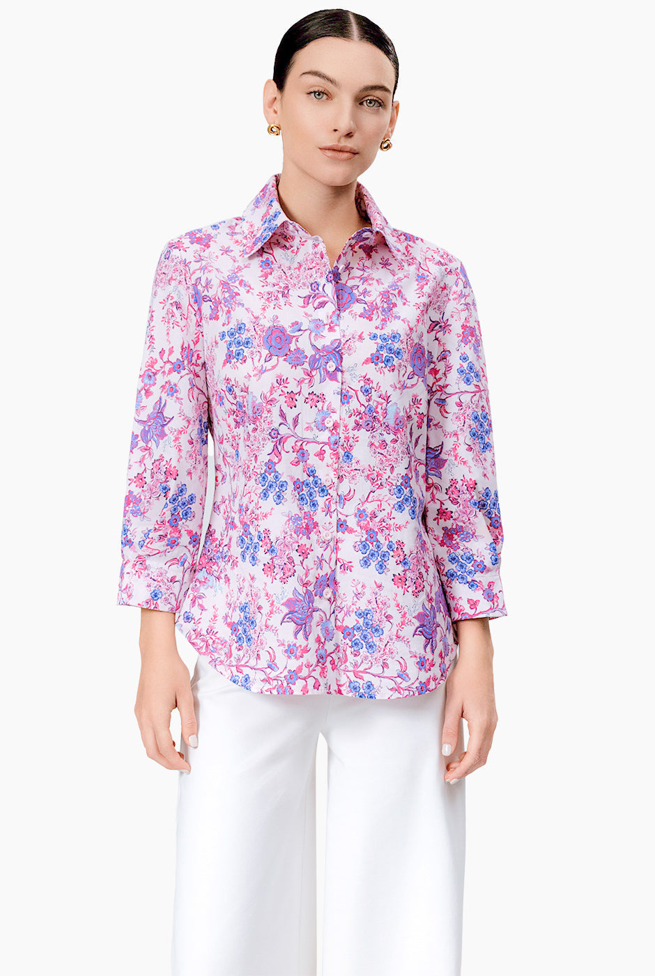Blusa camisera fucsia con estampado floral y mangas 3/4