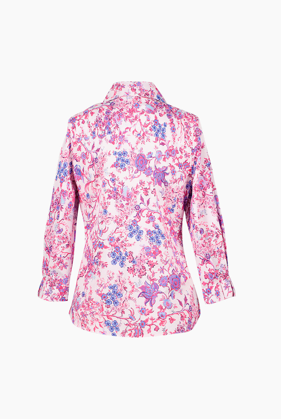 Blusa camisera fucsia con estampado floral y mangas 3/4